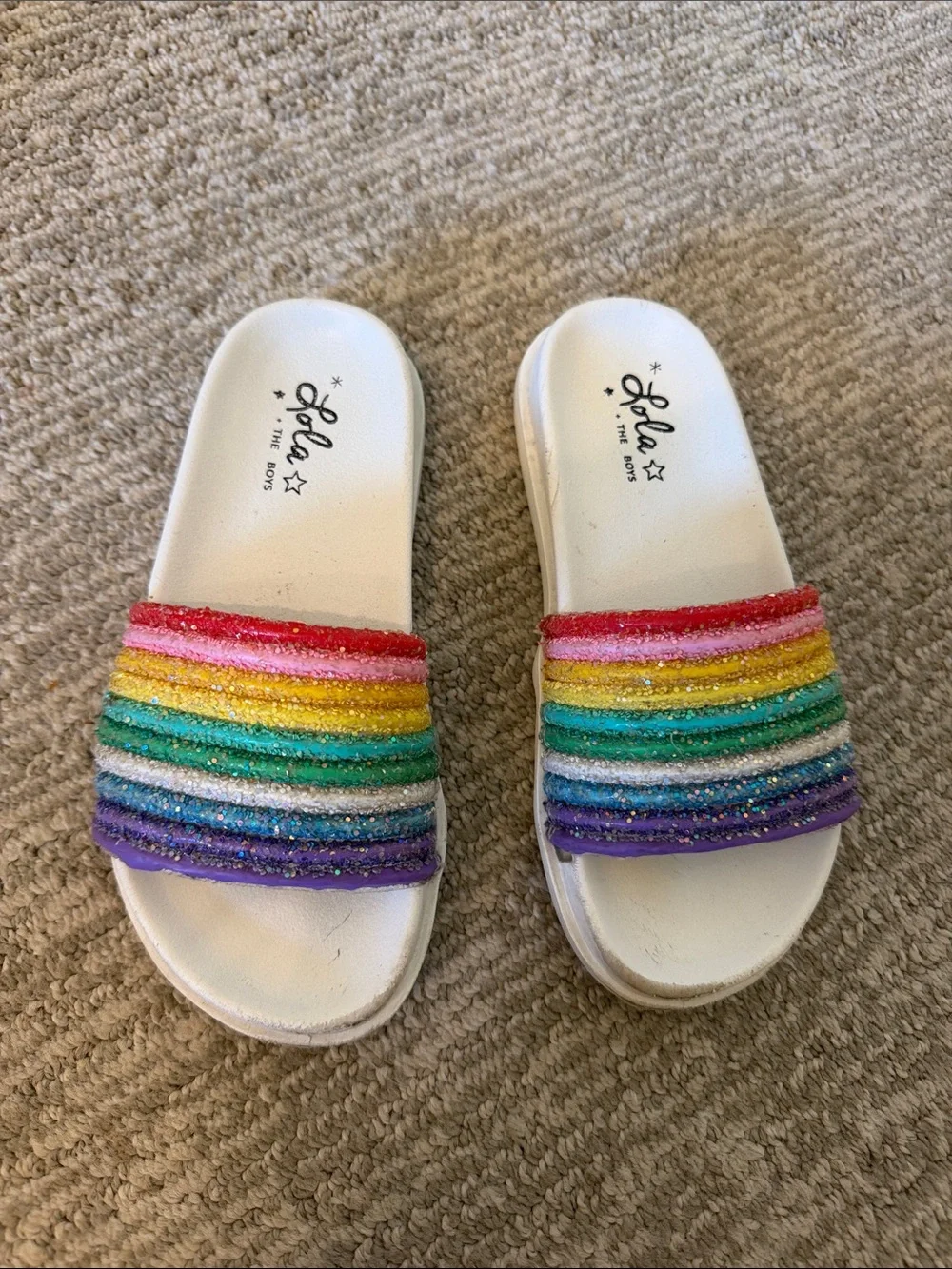 Lola + The Boys White Slides with Rainbow Glitter Straps